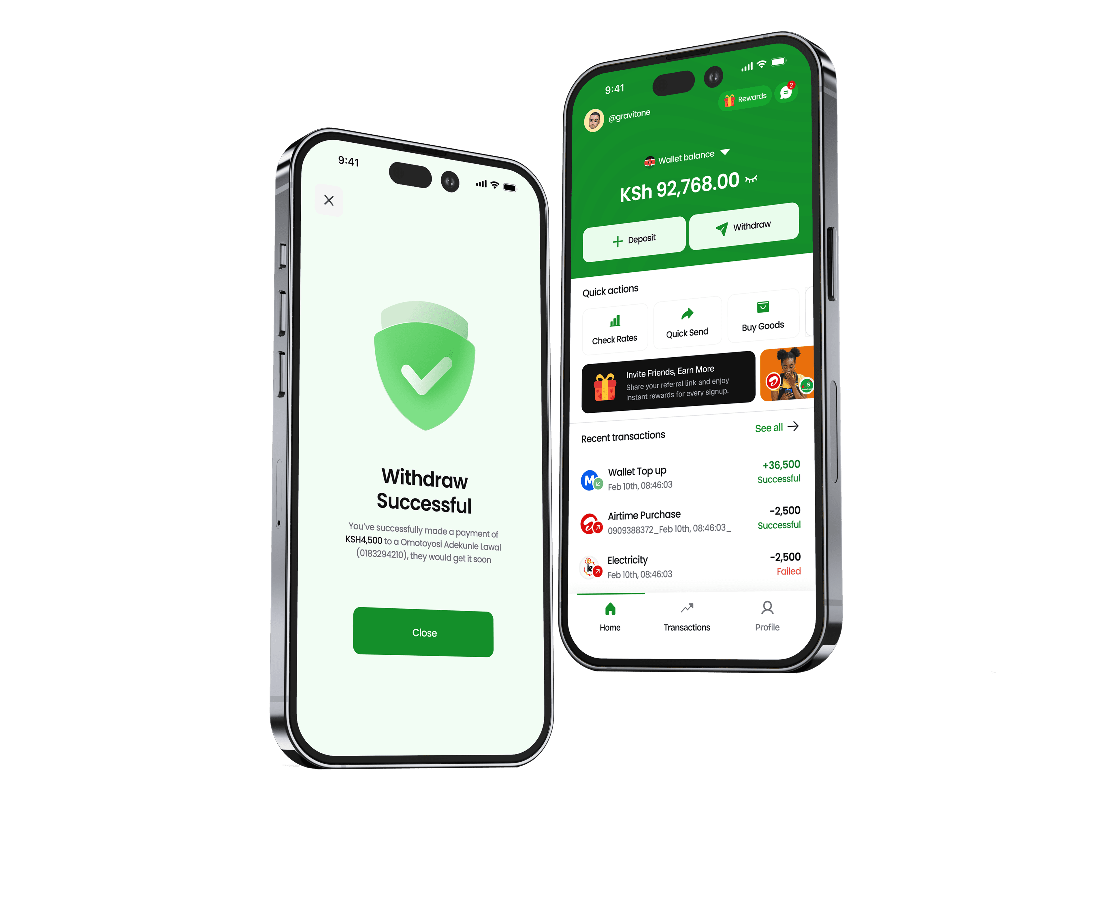 CoinSend app on iPhone — withdraw success and wallet home