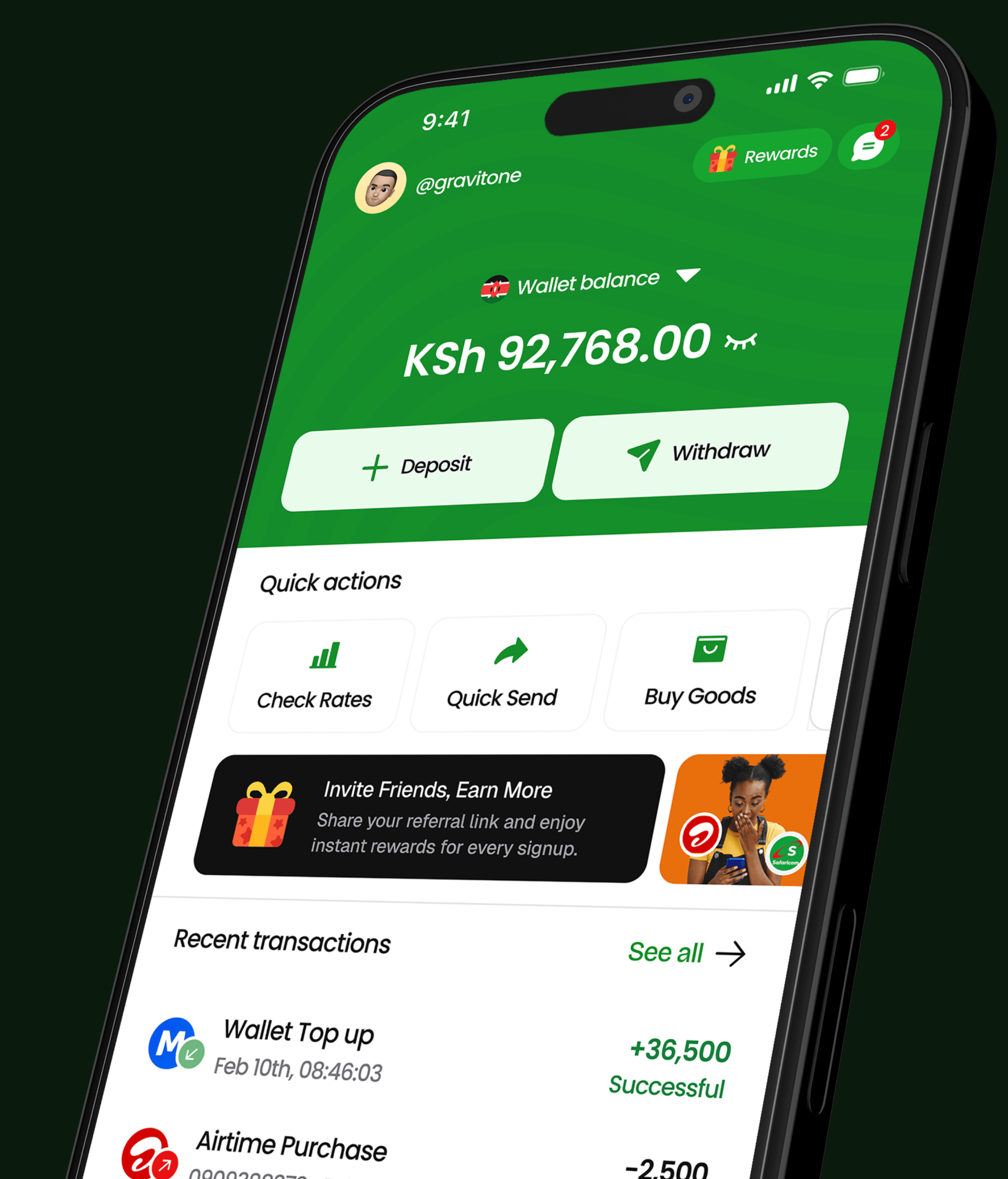 CoinSend mobile app showing wallet balance and transactions